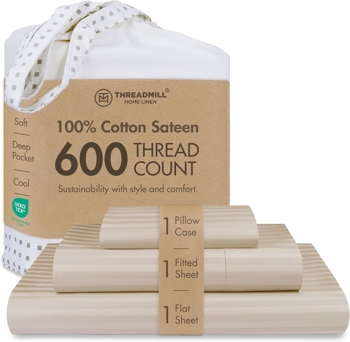 Threadmill 100% Cotton Sheets for Queen Size Bed - 600 Thread Count Queen Bed Sheets Set with 16” Deep Pocket - Sateen Weave 4-Piece Bedding Set with Cooling Effect, White