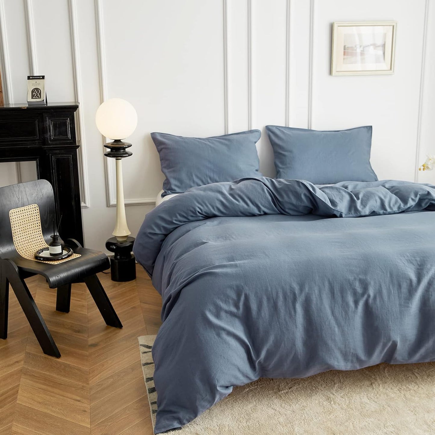Simple&Opulence Linen Duvet Cover Double,Natural Linen Cotton Duvet Cover with Pillowcase,Duble Size Bedding Set,Soft Warm Breathable Bed Quilt Cover with Button Closure,200x200cm,Navy Blue