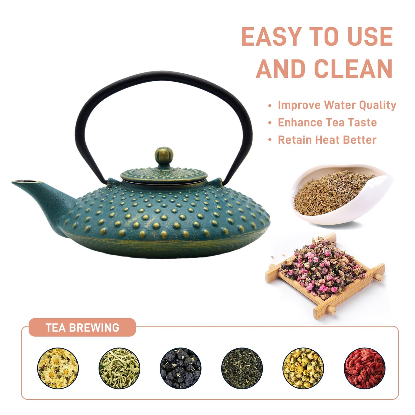 SECHUDO 800ml Small Cast Iron Teapot - Japanese Style Tea Kettle with Stainless Steel Infuser - Flat Pattern - Colourful