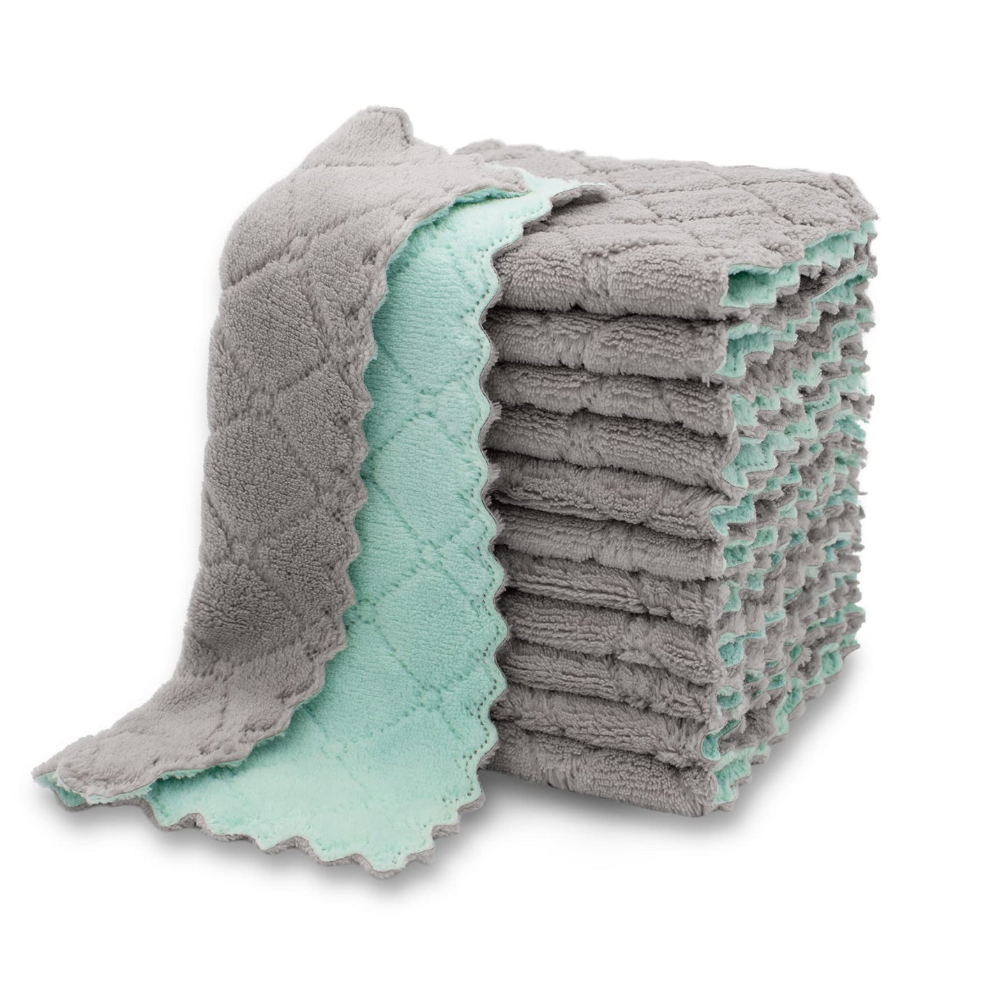 kimteny 12 Pack Kitchen Cloth Dish Towels - 28cm × 16cm - Coral Velvet - Green-Grey