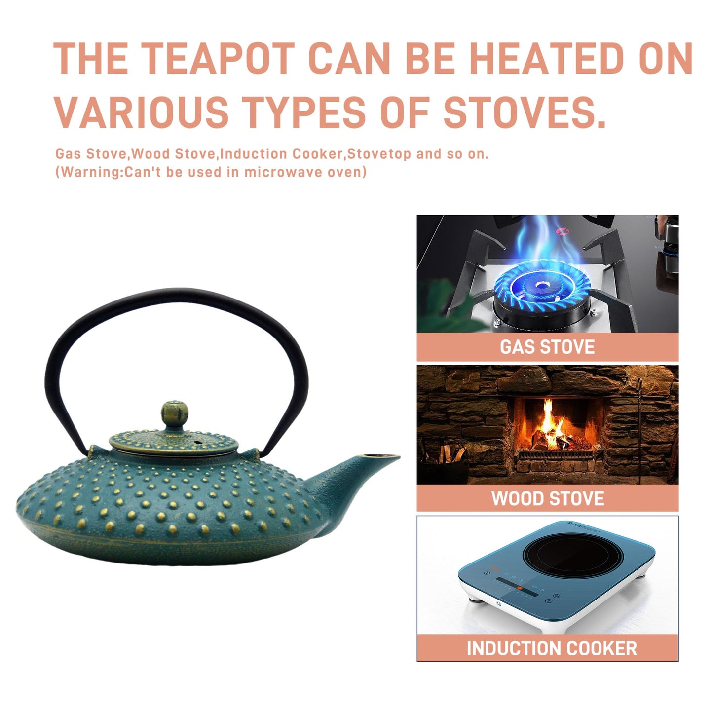 SECHUDO 800ml Small Cast Iron Teapot - Japanese Style Tea Kettle with Stainless Steel Infuser - Flat Pattern - Colourful