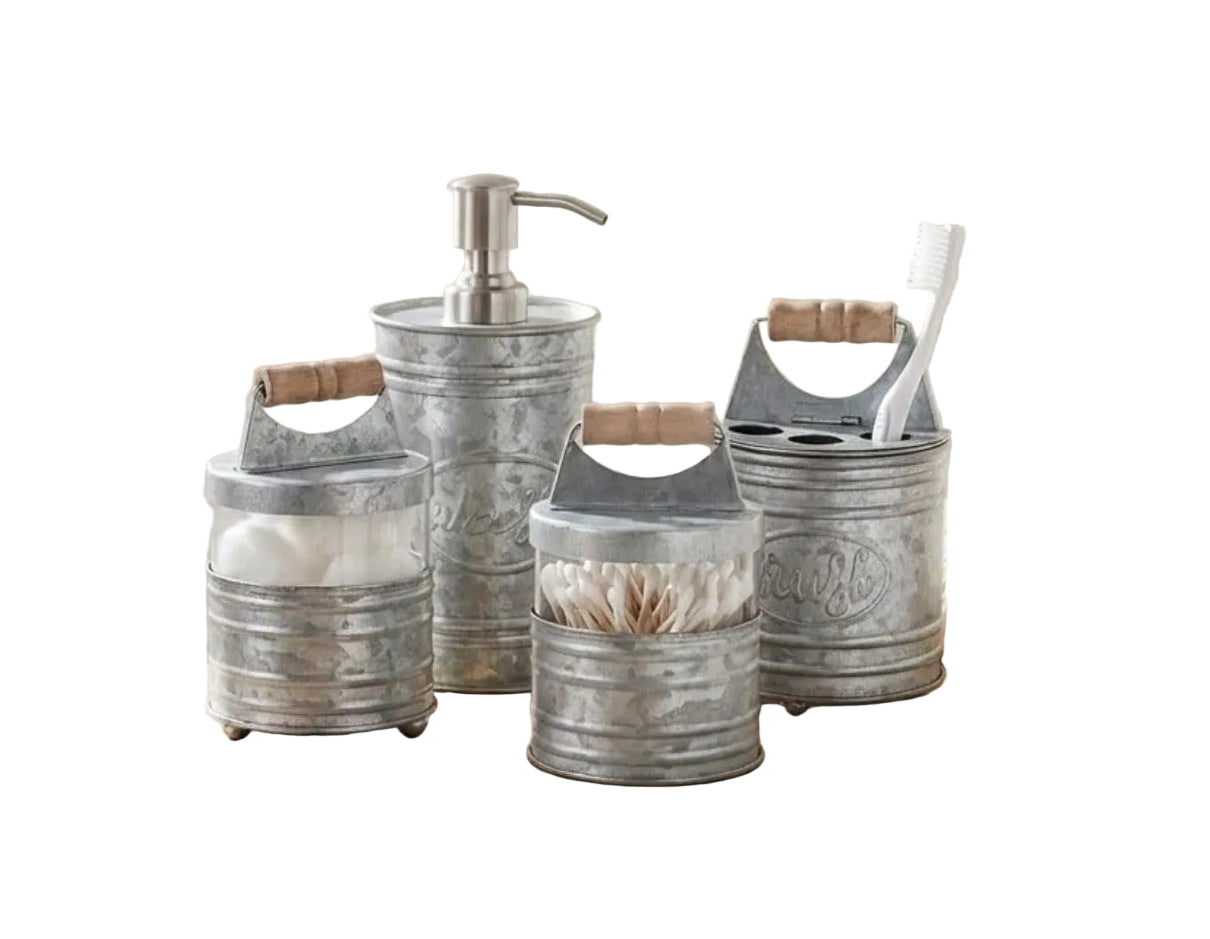 Bathroom counter with metallic containers and a window in the background