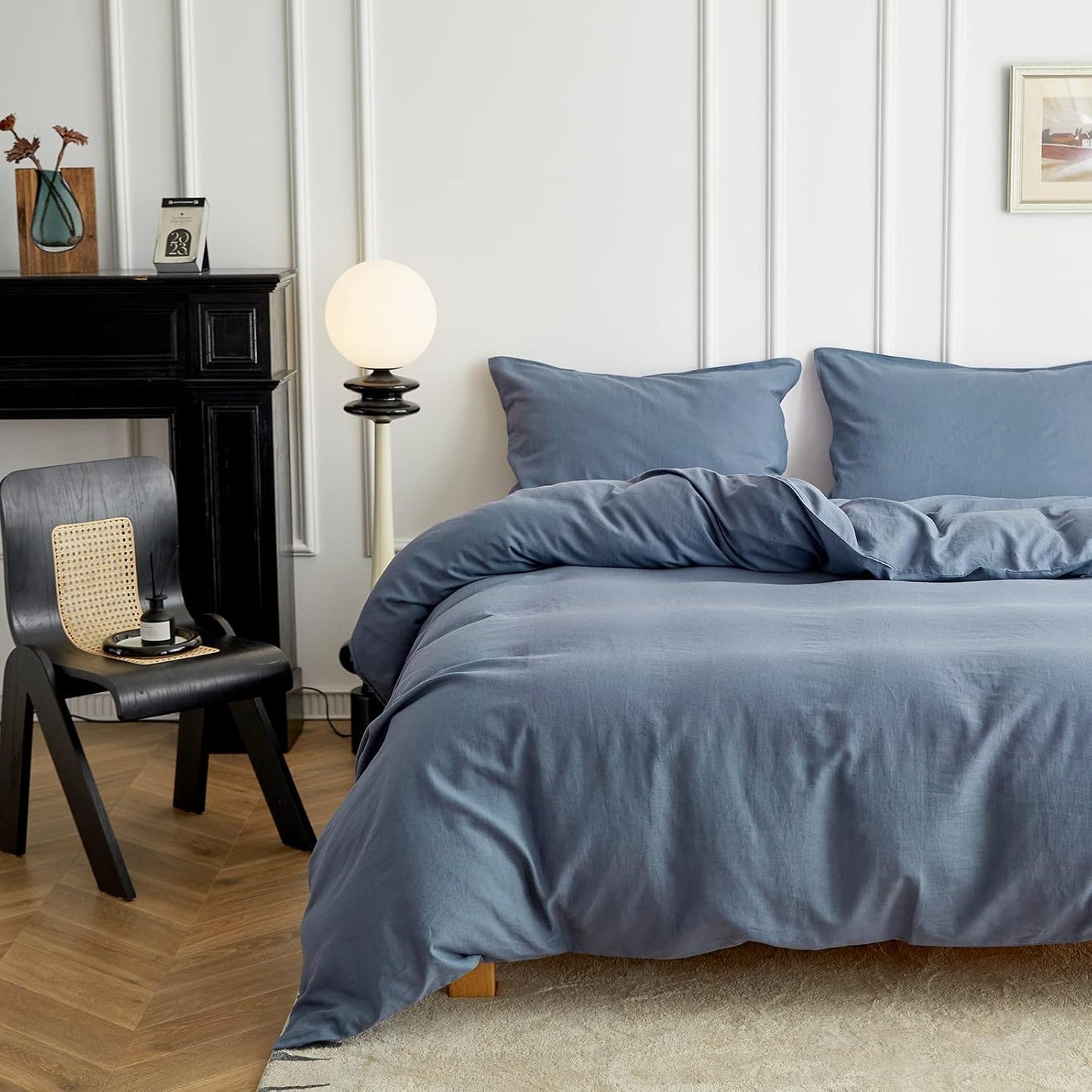 Simple&Opulence Linen Duvet Cover Double,Natural Linen Cotton Duvet Cover with Pillowcase,Duble Size Bedding Set,Soft Warm Breathable Bed Quilt Cover with Button Closure,200x200cm,Navy Blue