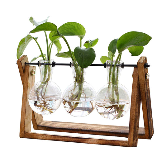 XXXFLOWER Plant Terrarium with Wooden Stand - Air Planter Bulb Glass Vase Metal Swivel Holder - Retro Tabletop for Hydroponics - 3 Bulb Vase