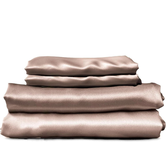 SUNDAYSILKS 100% Mulberry Silk Bed Sheet Set — Grade 6A Organic Silk, 4-Piece Queen Set, Nude Champagne