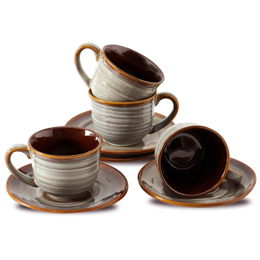 Hasense Ceramic Tea Cups and Saucers - 240ml Cappuccino Cups Set of 4 - Espresso Coffee Mugs - Grey Brown