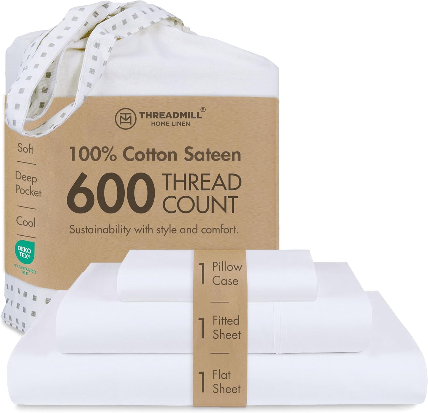 Threadmill 100% Cotton Sheets for Queen Size Bed - 600 Thread Count Queen Bed Sheets Set with 16” Deep Pocket - Sateen Weave 4-Piece Bedding Set with Cooling Effect, White