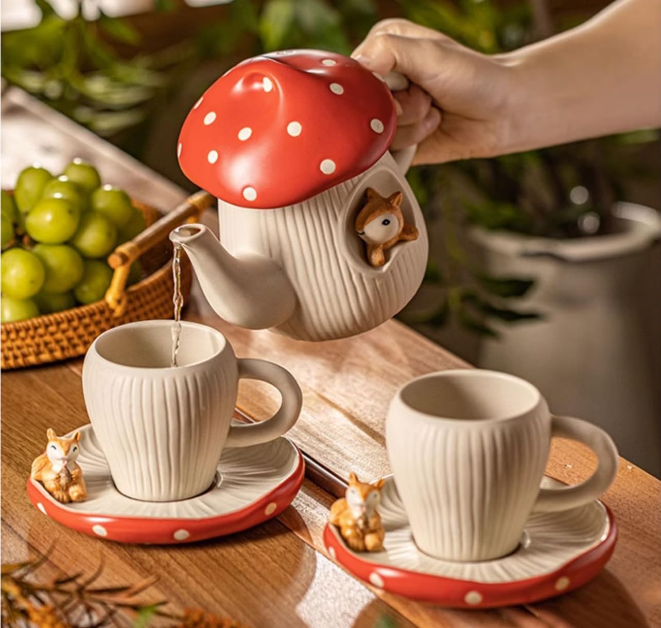 RESVUGA Cute Mushroom Mug with Saucer, Handmade Glaze Polka Dot, with Squirrel Decoration on the Plate. Safety Matt Ceramic Coffee Cups, 11 oz Cartoon Tea Cup. Best Gifts for Women & Girls.