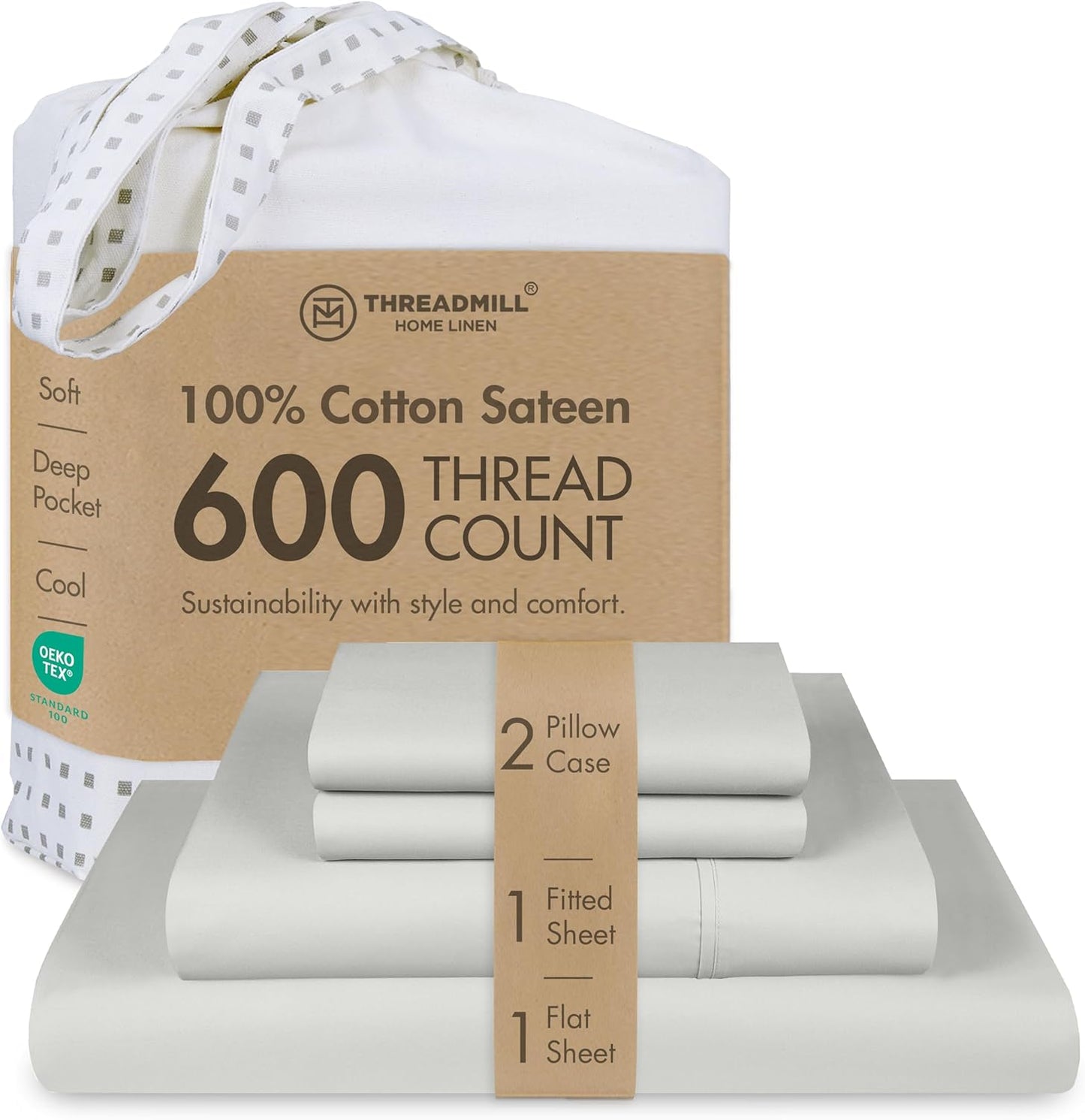 Threadmill 100% Cotton Sheets for Queen Size Bed - 600 Thread Count Queen Bed Sheets Set with 16” Deep Pocket - Sateen Weave 4-Piece Bedding Set with Cooling Effect, White