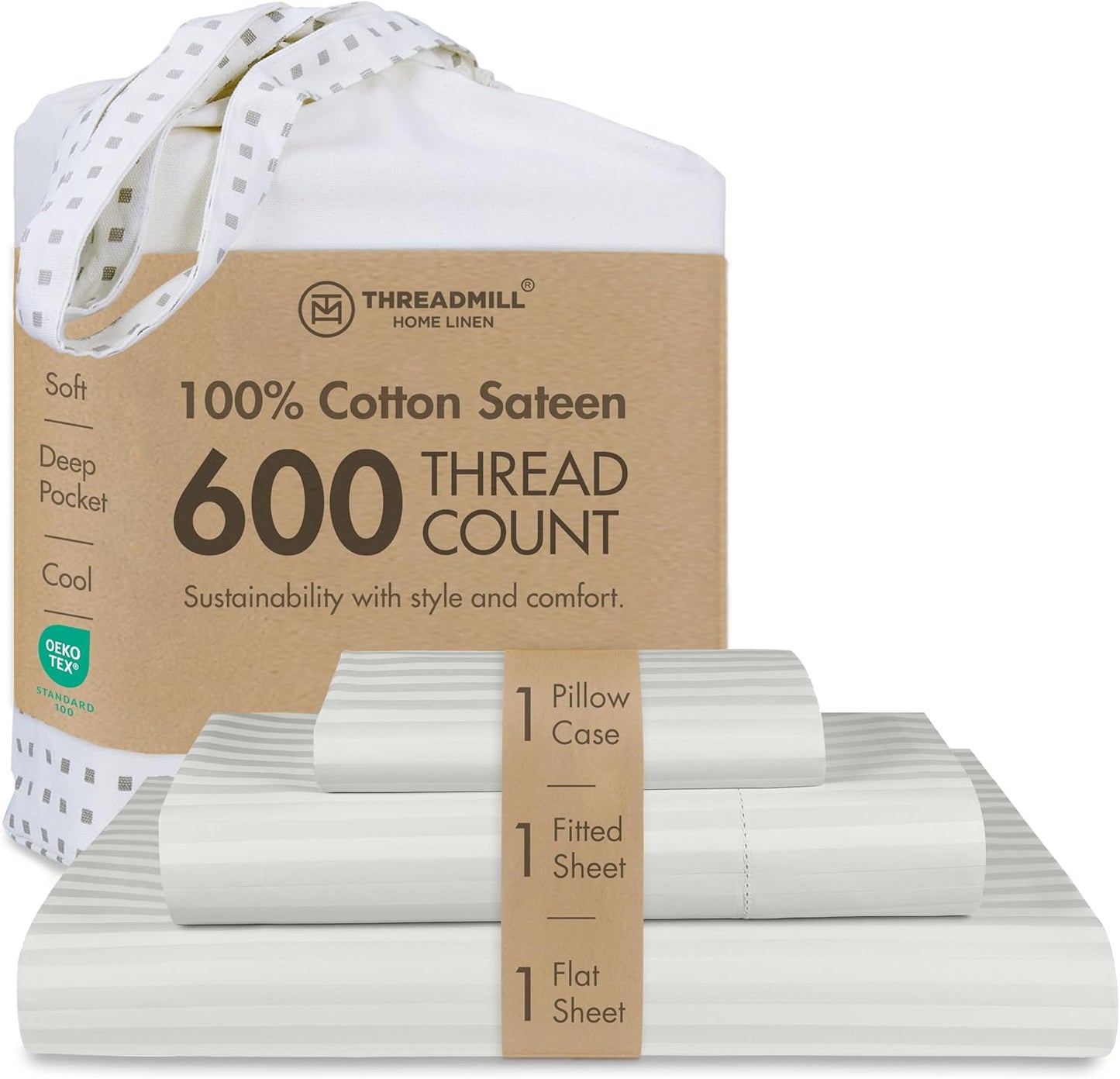 Threadmill 100% Cotton Sheets for Queen Size Bed - 600 Thread Count Queen Bed Sheets Set with 16” Deep Pocket - Sateen Weave 4-Piece Bedding Set with Cooling Effect, White