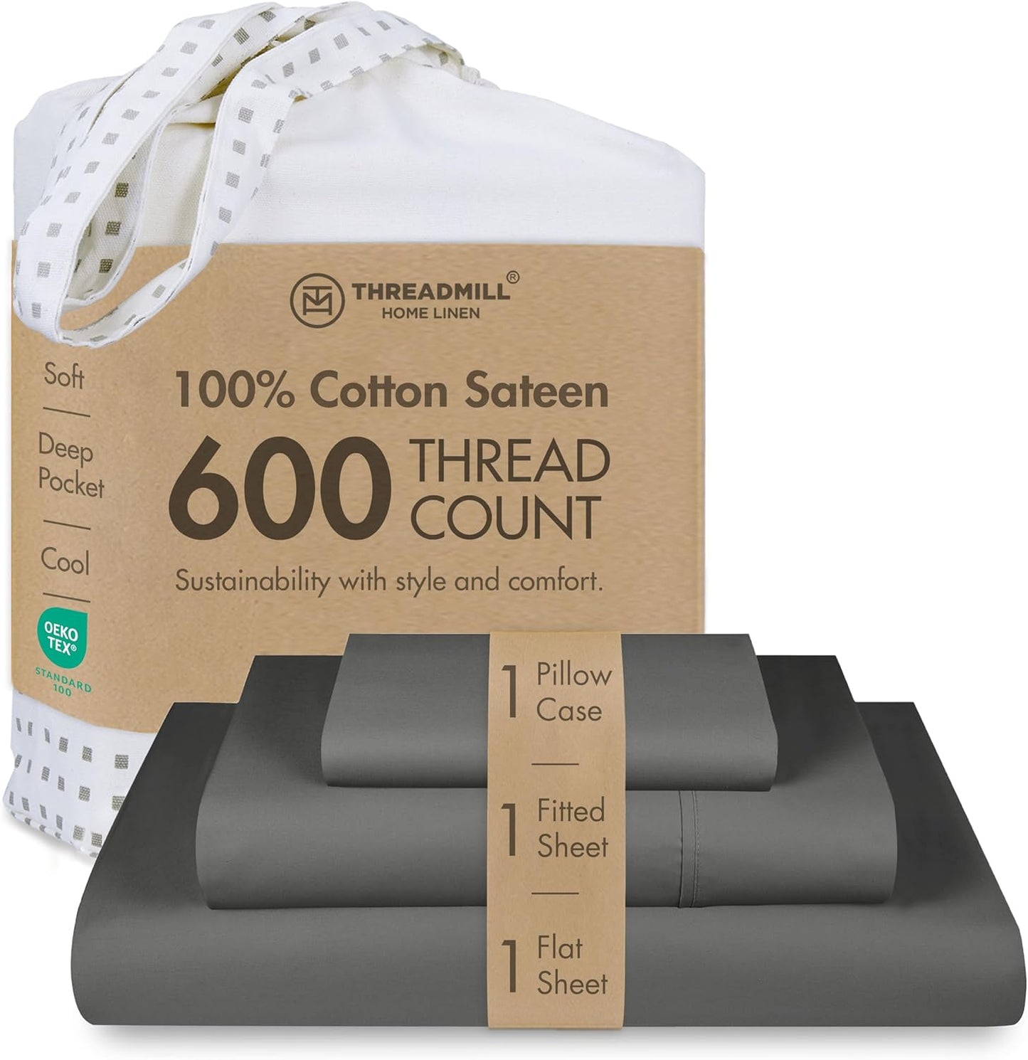 Threadmill 100% Cotton Sheets for Queen Size Bed - 600 Thread Count Queen Bed Sheets Set with 16” Deep Pocket - Sateen Weave 4-Piece Bedding Set with Cooling Effect, White