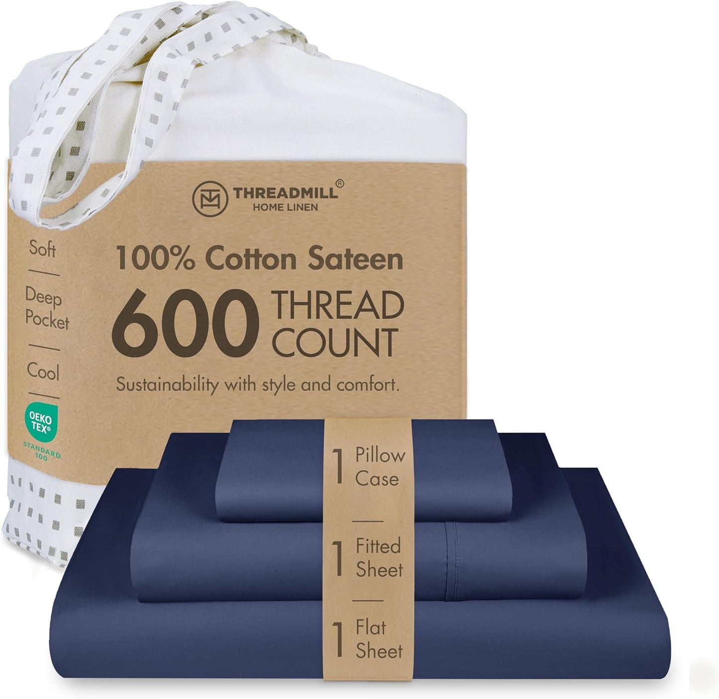 Threadmill 100% Cotton Sheets for Queen Size Bed - 600 Thread Count Queen Bed Sheets Set with 16” Deep Pocket - Sateen Weave 4-Piece Bedding Set with Cooling Effect, White