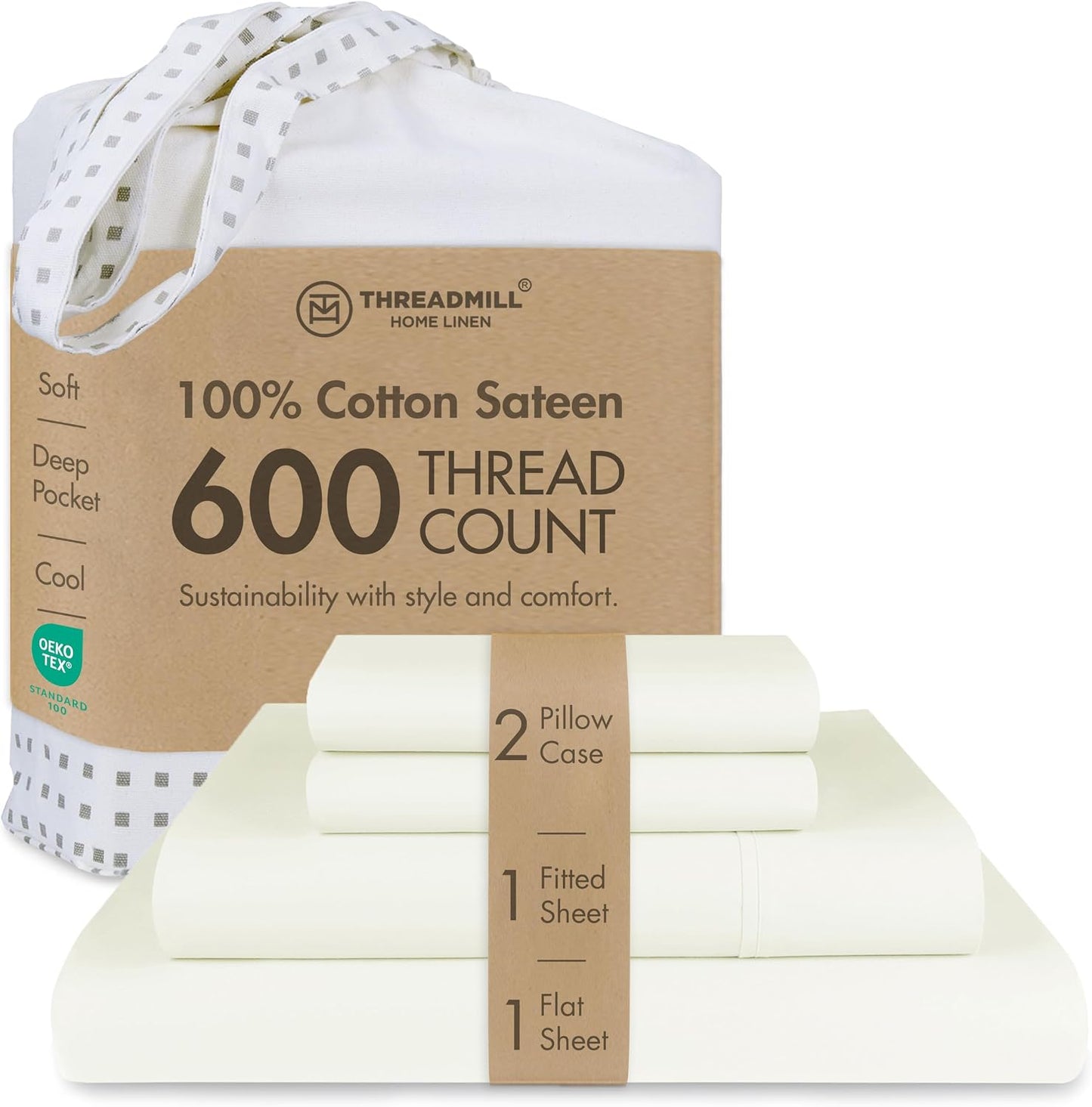 Threadmill 100% Cotton Sheets for Queen Size Bed - 600 Thread Count Queen Bed Sheets Set with 16” Deep Pocket - Sateen Weave 4-Piece Bedding Set with Cooling Effect, White