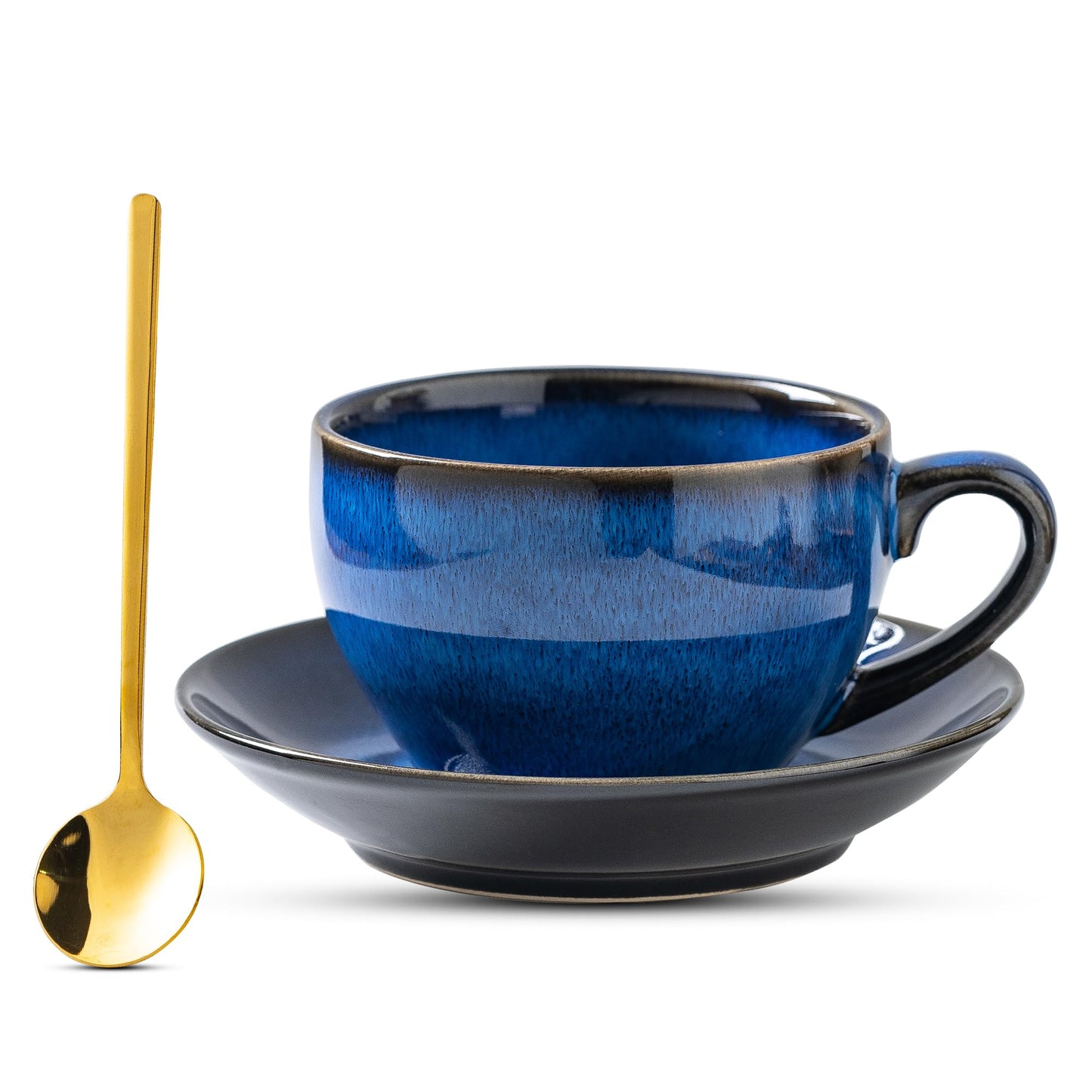 Porcelain Coffee Cup with Saucer Spoon - Vintage Design Ceramic Latte Art Cappuccino Barista Espresso Tea Cup - 350ml - Starry Blue