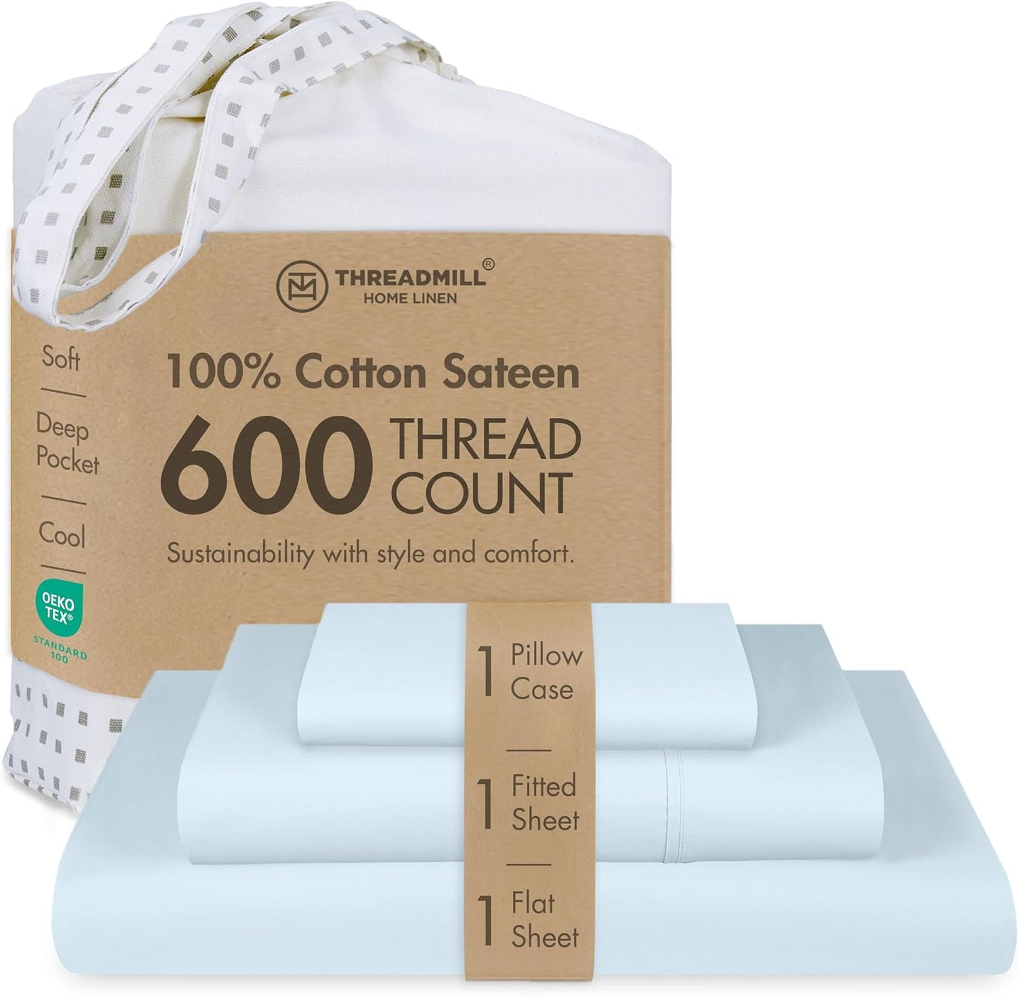 Threadmill 100% Cotton Sheets for Queen Size Bed - 600 Thread Count Queen Bed Sheets Set with 16” Deep Pocket - Sateen Weave 4-Piece Bedding Set with Cooling Effect, White