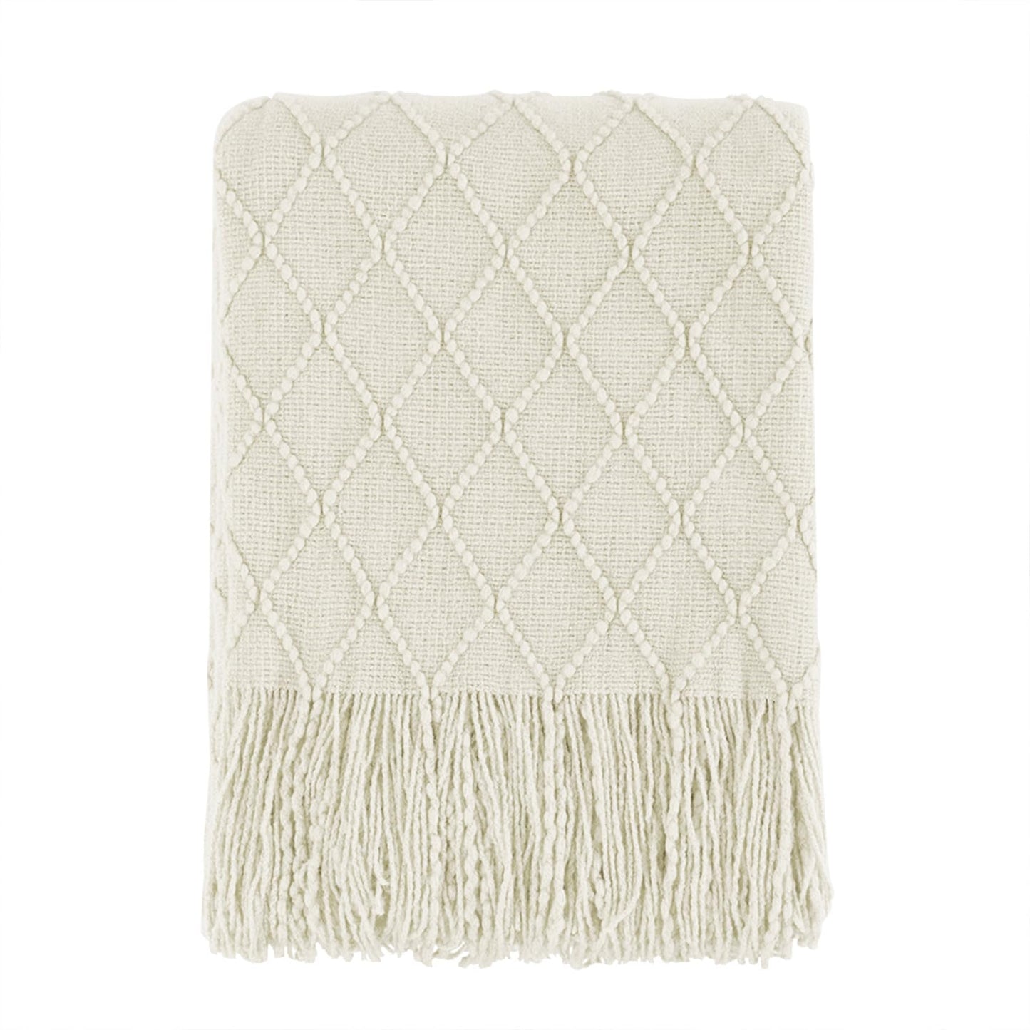 BOURINA Knit Throw Blanket — 100% Acrylic, Geometric Pattern & Fringe, 127 × 152 cm, Beige