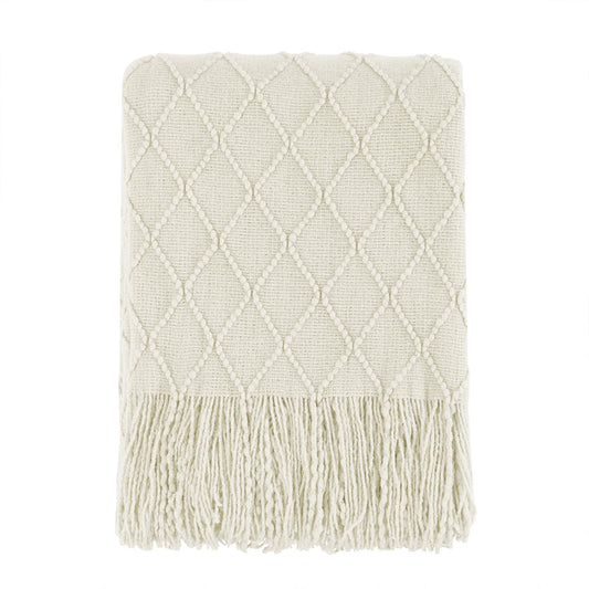 BOURINA Knit Throw Blanket — 100% Acrylic, Geometric Pattern & Fringe, 127 × 152 cm, Beige