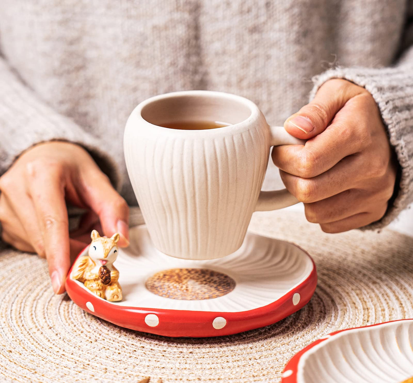 RESVUGA Cute Mushroom Mug with Saucer, Handmade Glaze Polka Dot, with Squirrel Decoration on the Plate. Safety Matt Ceramic Coffee Cups, 11 oz Cartoon Tea Cup. Best Gifts for Women & Girls.