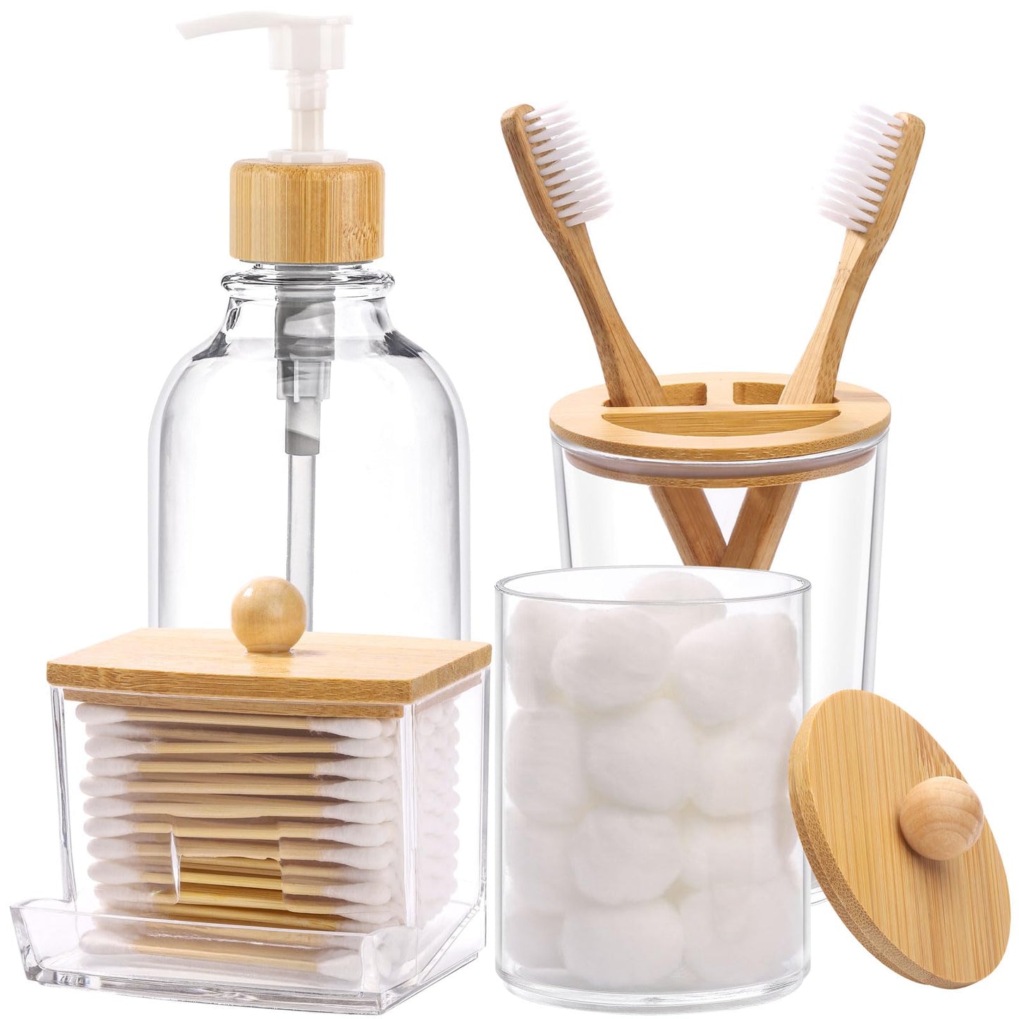 Tbestmax Bamboo Bathroom Accessories Set - 4 Pieces - Clear Soap Dispenser, Toothbrush Holder & 2 Qtip Jars