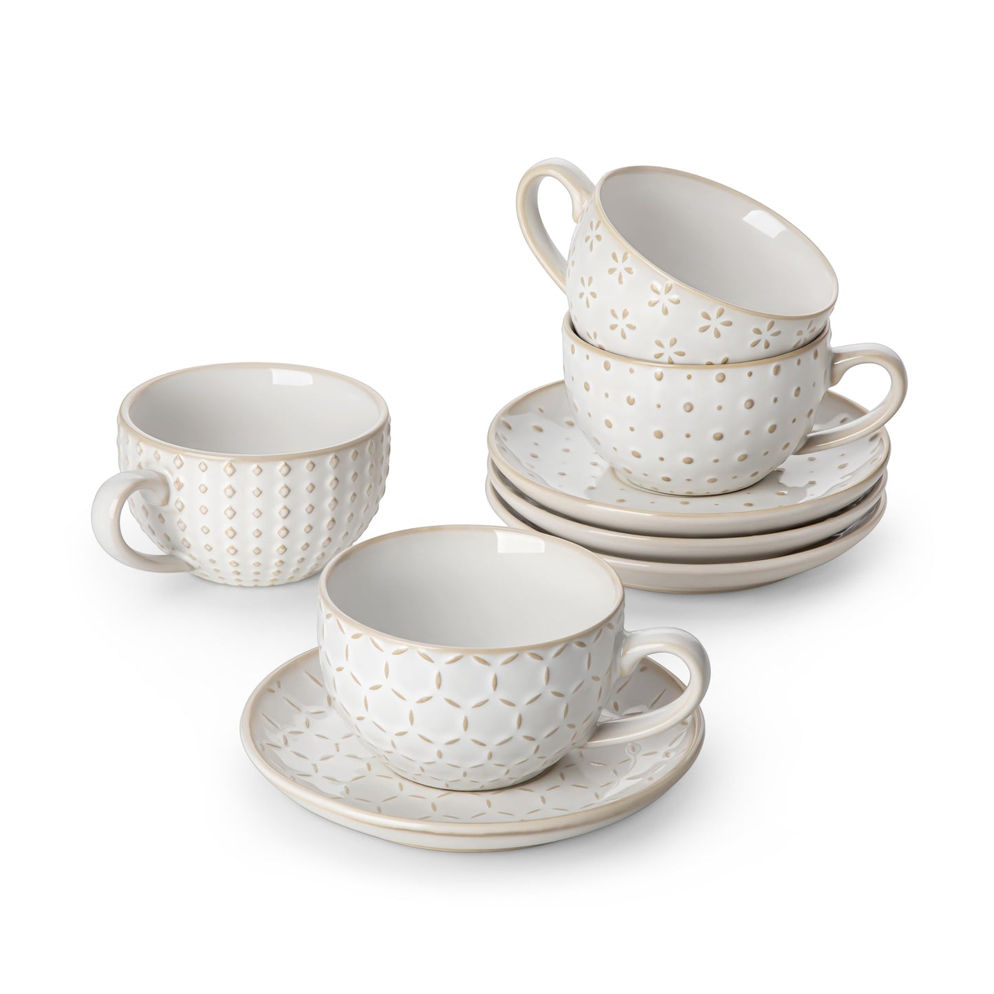 MALACASA 180ml Cappuccino Cups with Saucers - Set of 4 - Ceramic Stackable - Arctic White