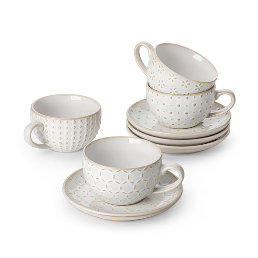 MALACASA 180ml Cappuccino Cups with Saucers - Set of 4 - Ceramic Stackable - Arctic White