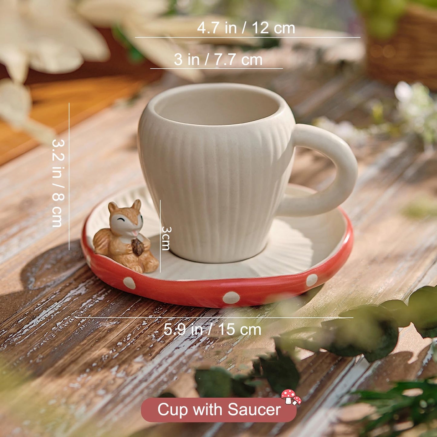 RESVUGA Cute Mushroom Mug with Saucer, Handmade Glaze Polka Dot, with Squirrel Decoration on the Plate. Safety Matt Ceramic Coffee Cups, 11 oz Cartoon Tea Cup. Best Gifts for Women & Girls.
