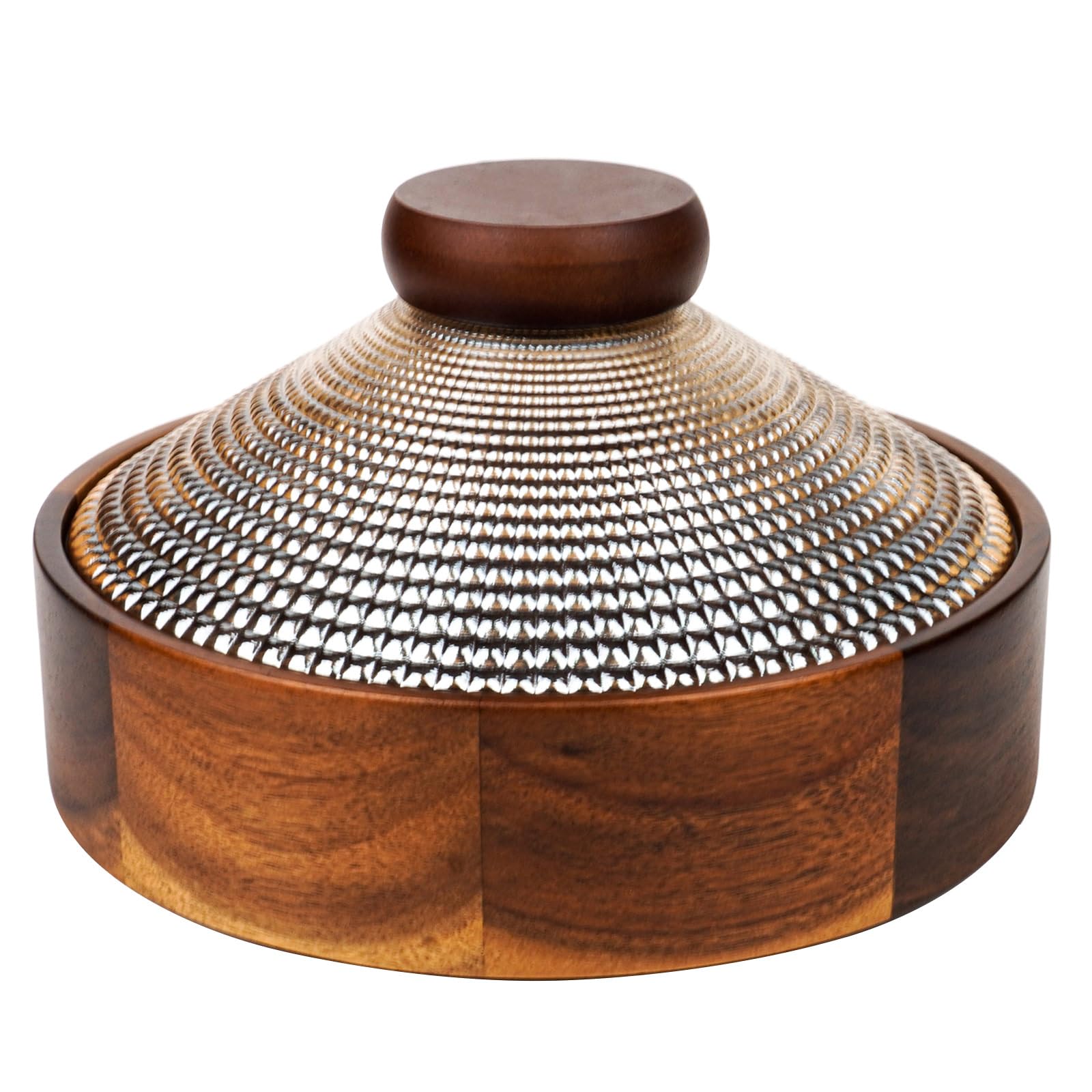 Wooden container with a textured lid on a white background