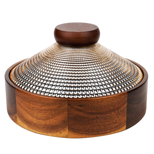 Wooden container with a textured lid on a white background