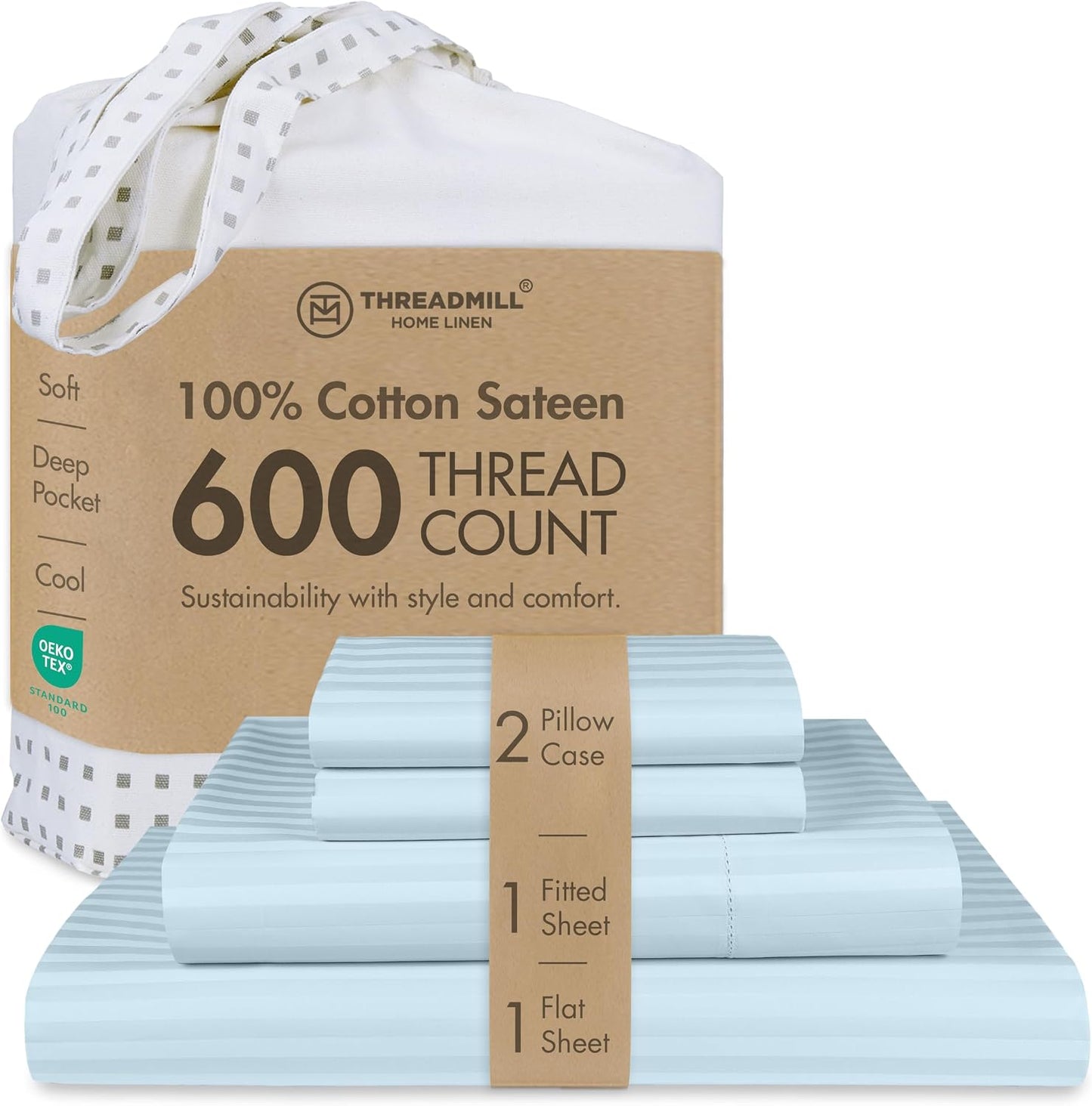 Threadmill 100% Cotton Sheets for Queen Size Bed - 600 Thread Count Queen Bed Sheets Set with 16” Deep Pocket - Sateen Weave 4-Piece Bedding Set with Cooling Effect, White