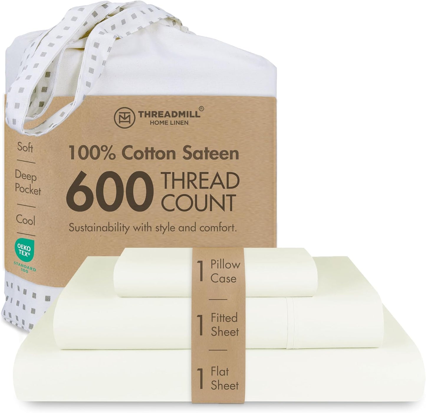 Threadmill 100% Cotton Sheets for Queen Size Bed - 600 Thread Count Queen Bed Sheets Set with 16” Deep Pocket - Sateen Weave 4-Piece Bedding Set with Cooling Effect, White