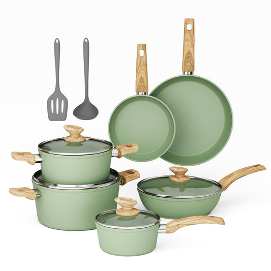 MAISON ARTS Pots and Pans Set Non Stick - 12 Piece Green Granite