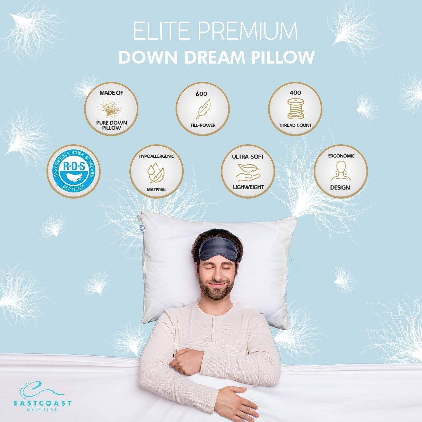 East Coast Bedding Goose Down Sleeping Pillow White 600 Fill Power with 400 Thread Count 100% Cotton for Couch, Side Sleeper, Travel & Bed Pillows - Queen Size Firm - Single Pack