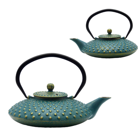 SECHUDO 800ml Small Cast Iron Teapot - Japanese Style Tea Kettle with Stainless Steel Infuser - Flat Pattern - Colourful
