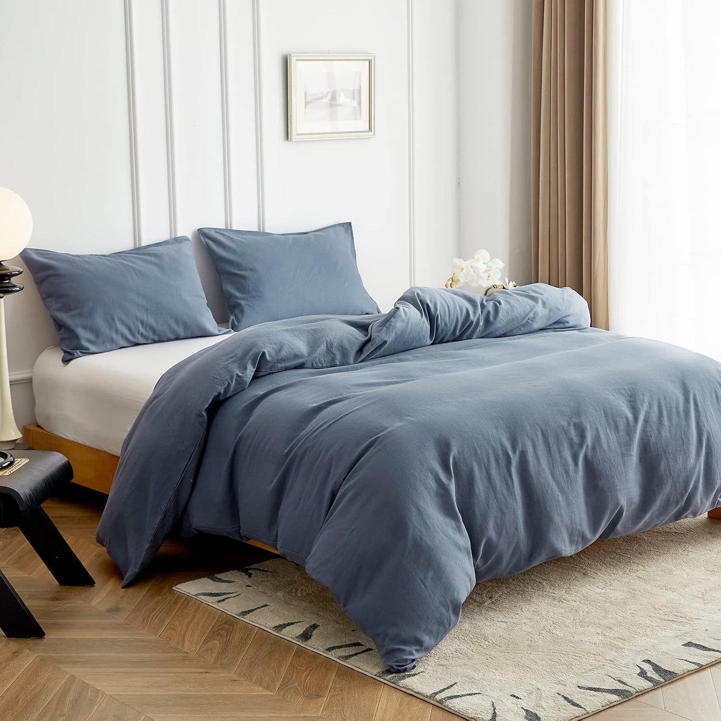 Simple&Opulence Linen Duvet Cover Double,Natural Linen Cotton Duvet Cover with Pillowcase,Duble Size Bedding Set,Soft Warm Breathable Bed Quilt Cover with Button Closure,200x200cm,Navy Blue