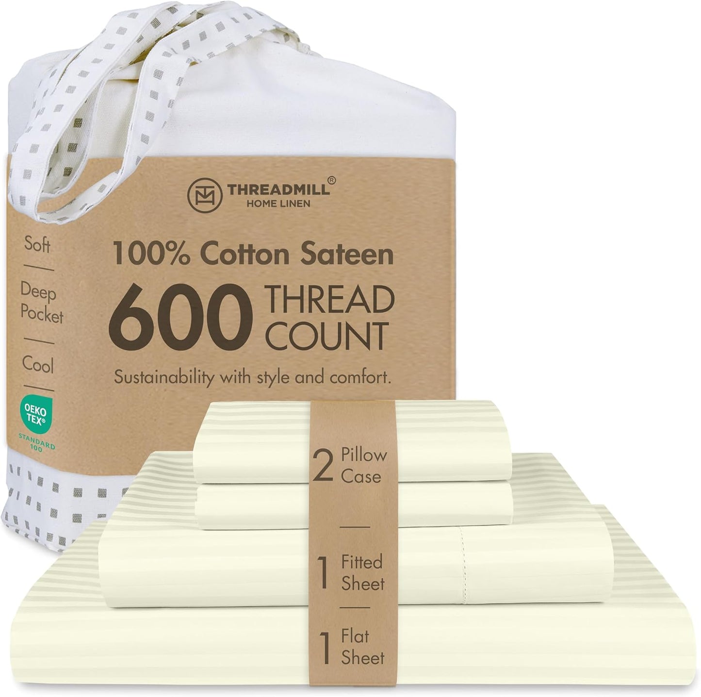 Threadmill 100% Cotton Sheets for Queen Size Bed - 600 Thread Count Queen Bed Sheets Set with 16” Deep Pocket - Sateen Weave 4-Piece Bedding Set with Cooling Effect, White
