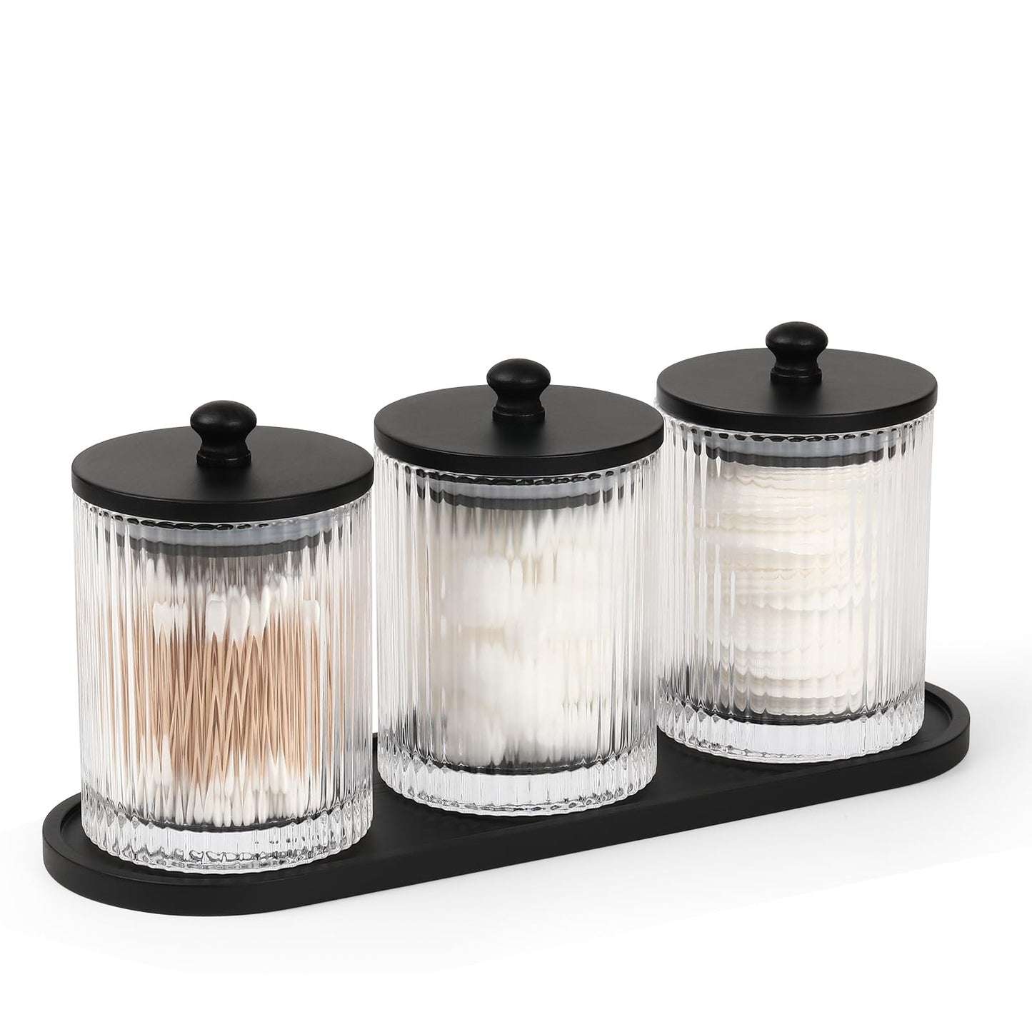 3-Pack Glass Apothecary Jars with Lids & Vanity Tray — Qtip, Cotton Ball & Swab Holder Set