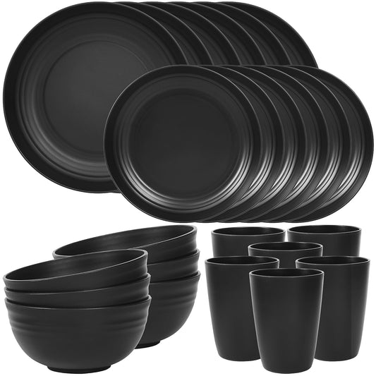 Quatish 24 Piece Plates and Bowls Sets for 6 - Unbreakable Dinnerware Sets - Plastic Dish Set - Black