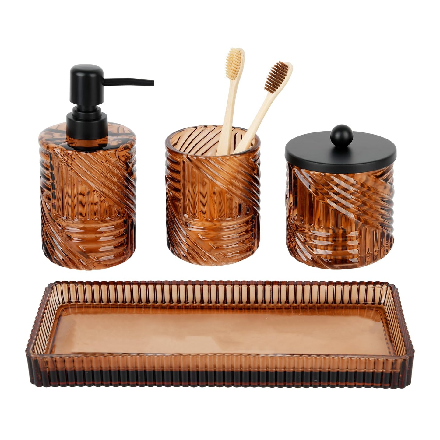 Deobath Amber Glass Bathroom Accessories Set - 4 Pieces - Soap Dispenser, Toothbrush Holder, Qtip