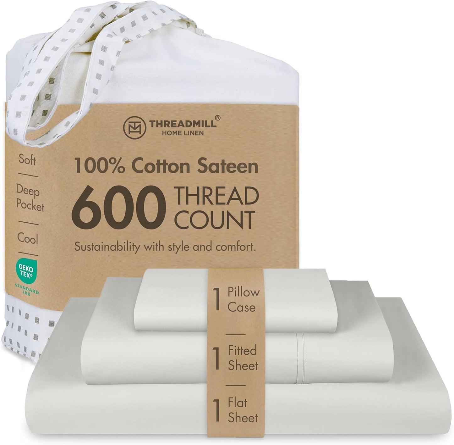 Threadmill 100% Cotton Sheets for Queen Size Bed - 600 Thread Count Queen Bed Sheets Set with 16” Deep Pocket - Sateen Weave 4-Piece Bedding Set with Cooling Effect, White