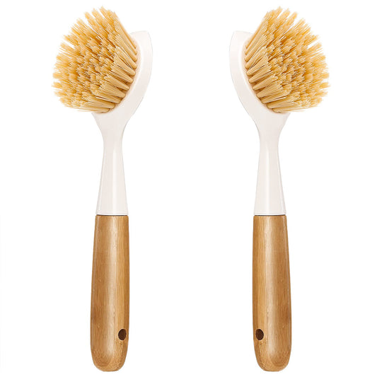 Songtaste 2 Pack Kitchen Dish Brush - Bamboo Handle with Built-in Scraper