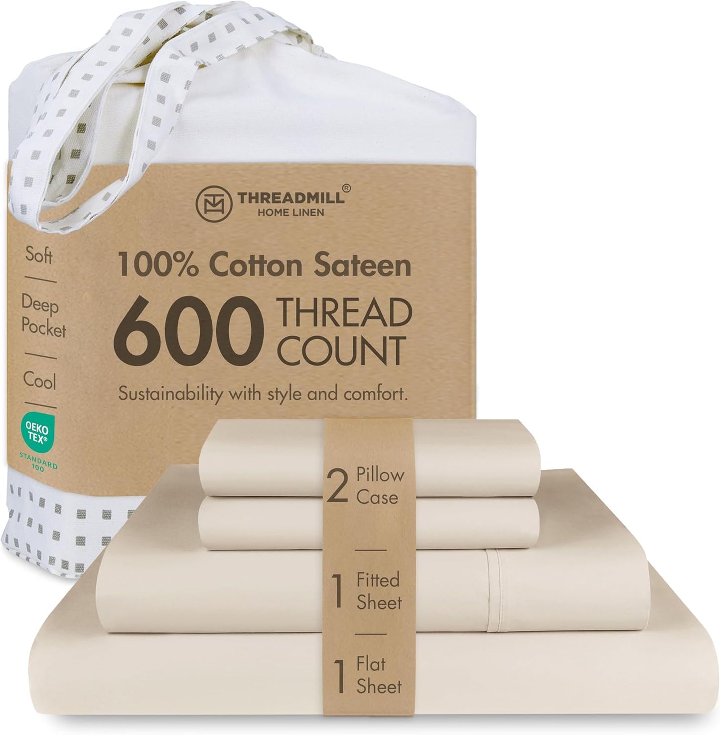 Threadmill 100% Cotton Sheets for Queen Size Bed - 600 Thread Count Queen Bed Sheets Set with 16” Deep Pocket - Sateen Weave 4-Piece Bedding Set with Cooling Effect, White