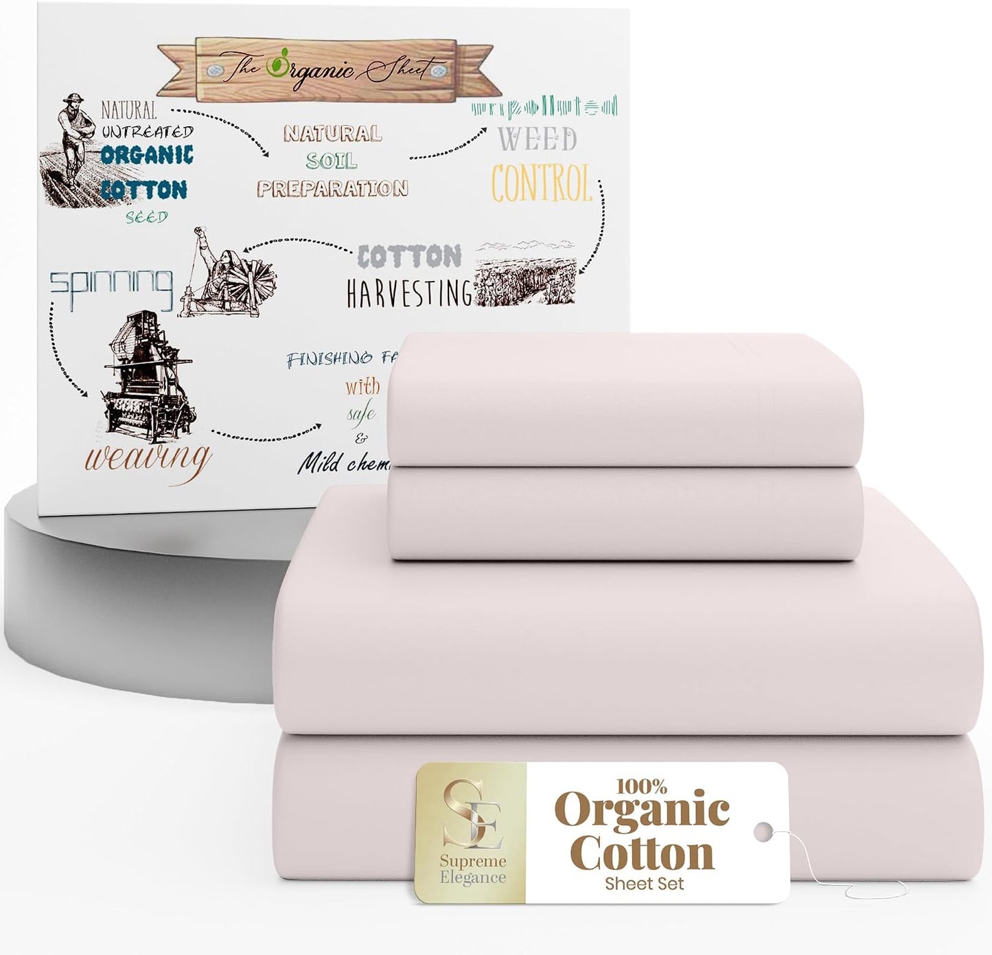 SUPREME ELEGANCE 100% Organic Cotton Sheets for Twin Size Bed, Pastel Green | 14" Deep Pocket Cool & Crisp Percale Sheets for Dorm, Breathable, Moisture Absorbent, Organic Bedding Set, OEKO-TEX Certified
