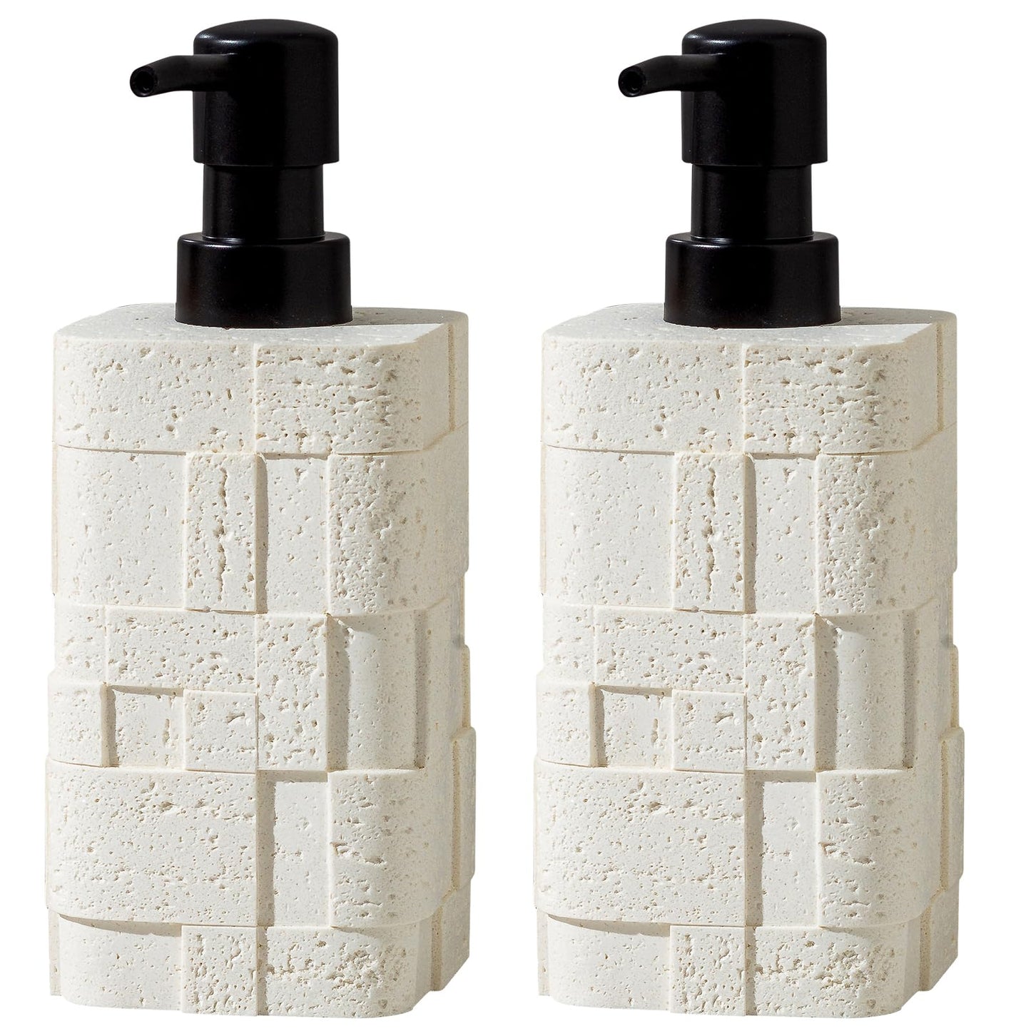 Haocoott Soap Dispensers 400mL 13.5 OZ, 2 PCS Luxurious Hand Dish Lotion Shampoo Soap Dispenser Jar, Travertine Stone Look Soap Pump Bottles for Kitchen Bathroom Countertop (White)