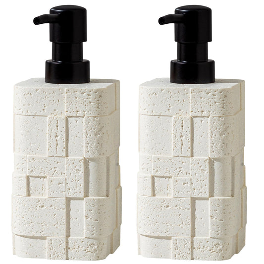 Haocoott Soap Dispensers 400mL 13.5 OZ, 2 PCS Luxurious Hand Dish Lotion Shampoo Soap Dispenser Jar, Travertine Stone Look Soap Pump Bottles for Kitchen Bathroom Countertop (White)