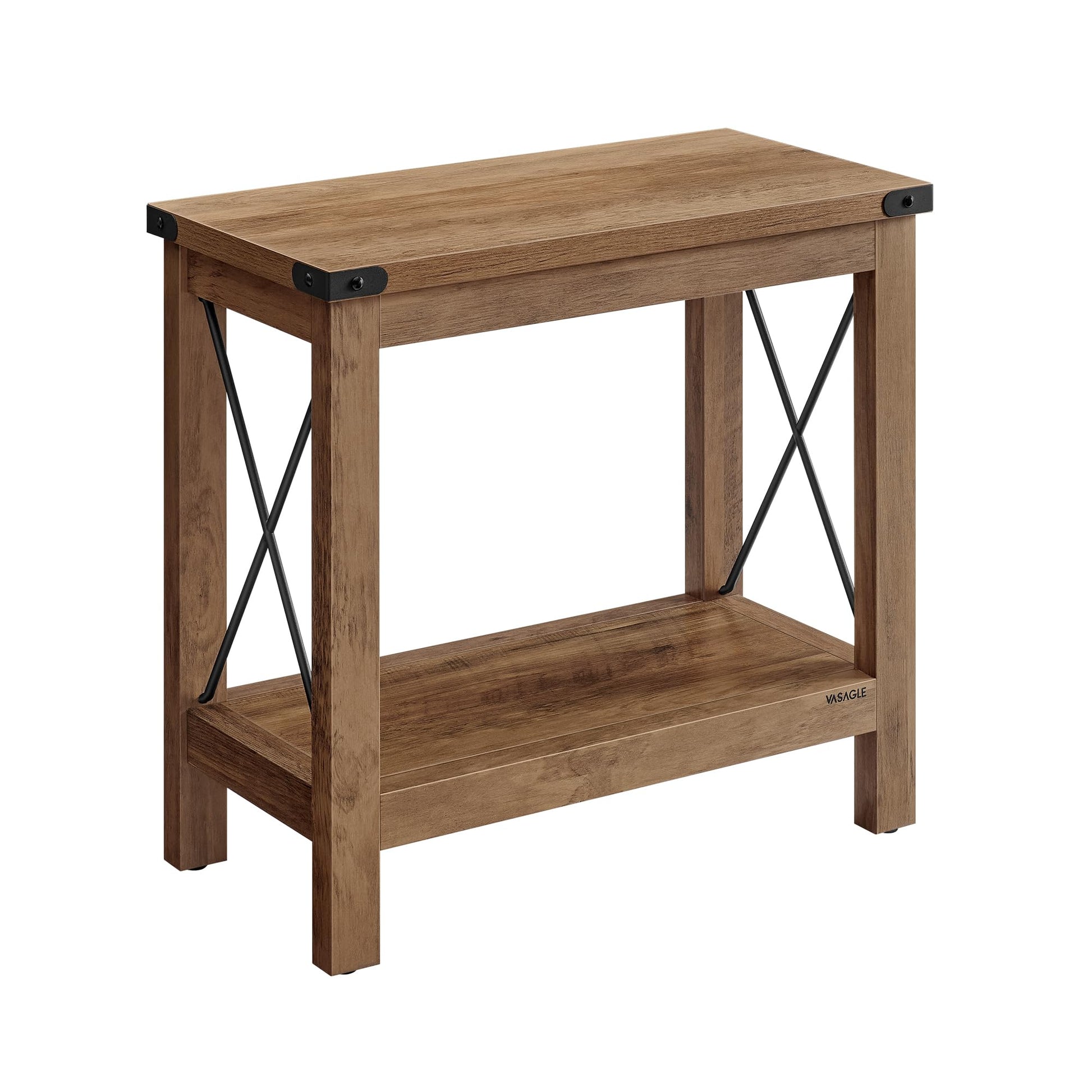 Wooden side table with metal cross-bracing on a white background