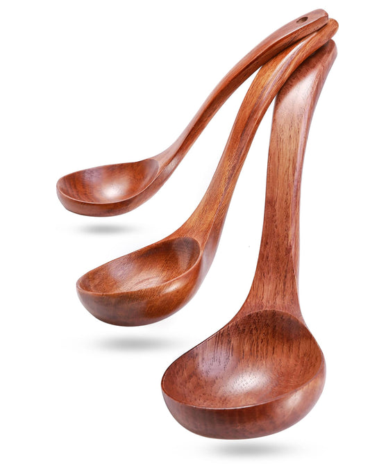 Hefild Wooden Ladles Set of 3 - 90ml, 60ml, 27ml - For Serving Soups and Stews