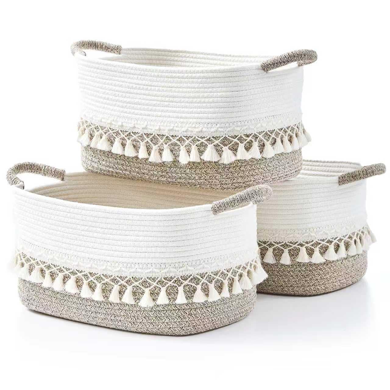BUBUSUN Woven Cotton Rope Storage Baskets - Set of 3 - 36 cm x 23 cm x 20 cm - Rectangle Baskets with Handles
