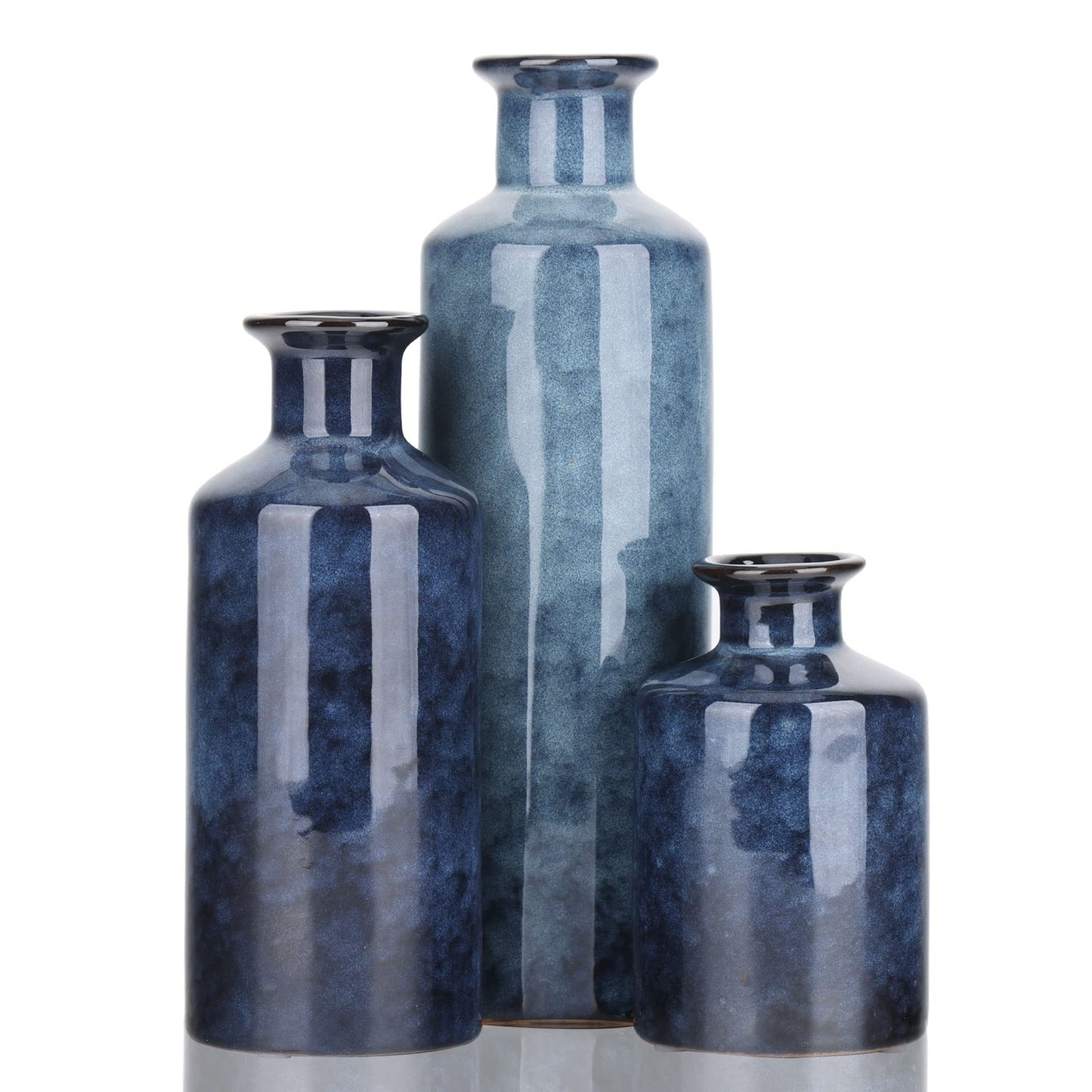 Blue Ceramic Vase Set - 3 Blue Small Vases - Farmhouse Country Flower Vase - Multicolour