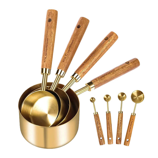 Stainless Steel Measure Cups Spoons with Wooden Handle - 8 Piece Kitchen Utensil Set