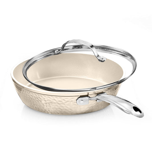 GOTHAM STEEL Hammered 25cm Non Stick Frying Pan with Lid - Cream